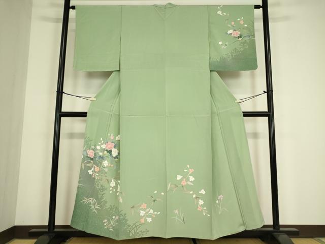 平和屋着物▽訪問着　単衣　友禅　草花シルエット　正絹　逸品　DABG0233az