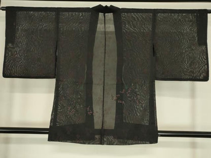 平和屋着物▽羽織　スリーシーズン　春夏秋　塵除け　刺繍　紗　草花文　黒地　正絹　逸品　DABG0236az