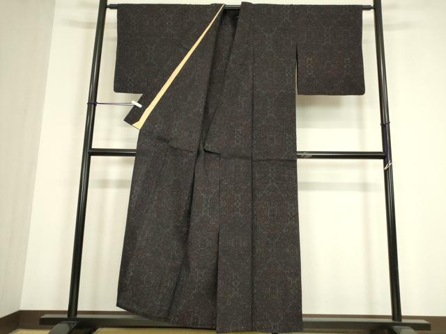 平和屋着物▽上質な紬　単衣　花絵皿文　正絹　逸品　DABG0243az