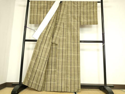 平和屋着物▽上質な紬　単衣　格子文　正絹　逸品　DABG0244az