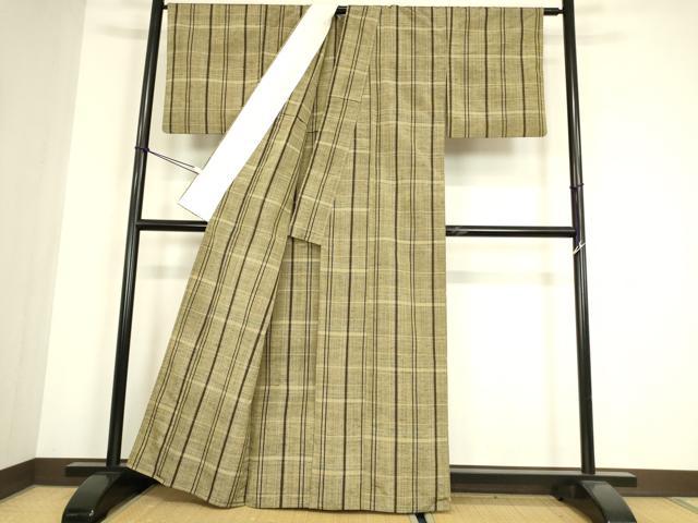 平和屋着物▽上質な紬　単衣　格子文　正絹　逸品　DABG0244az