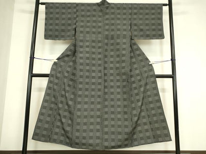 平和屋着物▽本塩沢　単衣　格子　110亀甲　正絹　逸品　DABG0246az