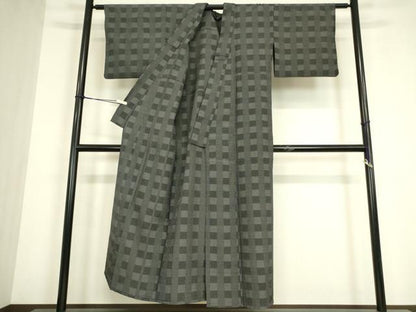 平和屋着物▽本塩沢　単衣　格子　110亀甲　正絹　逸品　DABG0246az