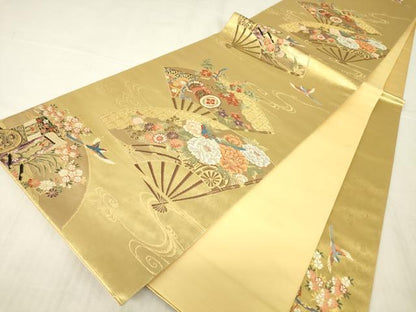 平和屋着物▼六通柄袋帯　扇面楽器花文　金糸　引箔　正絹　逸品　DABG0260az