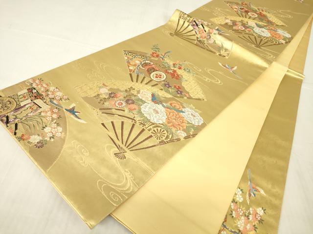 平和屋着物▼六通柄袋帯　扇面楽器花文　金糸　引箔　正絹　逸品　DABG0260az