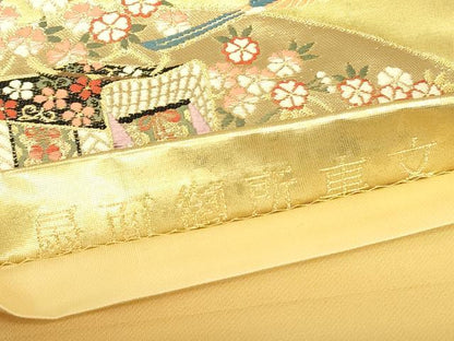 平和屋着物▼六通柄袋帯　扇面楽器花文　金糸　引箔　正絹　逸品　DABG0260az