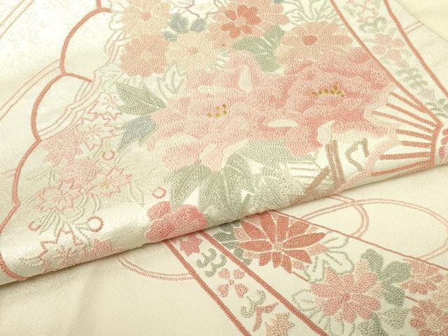 平和屋着物▼中国三大刺繍　相良刺繍　総刺繍　太鼓柄袋帯　檜扇牡丹文　金糸　引箔　正絹　逸品　DABG0265az