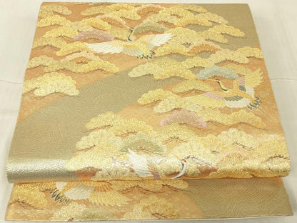 平和屋着物▼西陣　長嶋成織物　ながしま帯　六通柄袋帯　飛鶴松文　金銀糸　正絹　逸品　DABG0269az