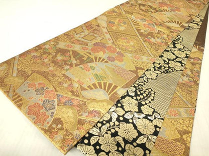 平和屋着物▼両面　六通柄袋帯　天井扇面花文　辻が花　金糸　正絹　逸品　DABG0270az