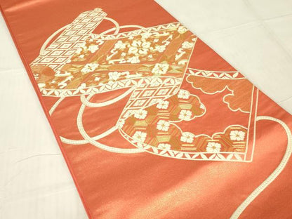 平和屋着物▼太鼓柄袋帯　駒刺繍　総刺繍　花絵巻文　金糸　正絹　逸品　DABG0271az