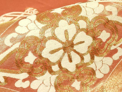 平和屋着物▼太鼓柄袋帯　駒刺繍　総刺繍　花絵巻文　金糸　正絹　逸品　DABG0271az