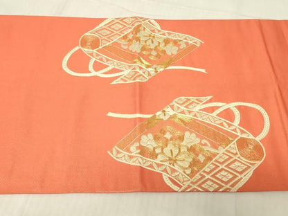 平和屋着物▼太鼓柄袋帯　駒刺繍　総刺繍　花絵巻文　金糸　正絹　逸品　DABG0271az