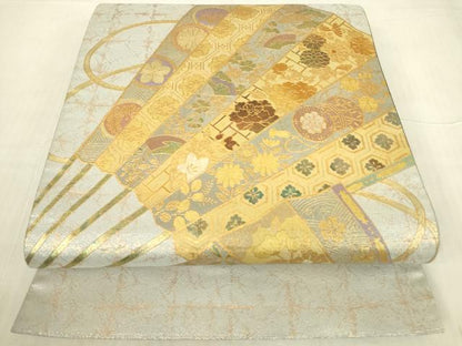 平和屋着物▼両面　太鼓柄袋帯　扇面楽器花文　金彩　正絹　逸品　DABG0332az