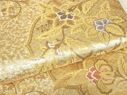 平和屋着物▼佐賀錦　六通柄袋帯　更紗花文　煌彩箔　プラチナ二重箔　金糸　正絹　逸品　未使用　DABG0340az