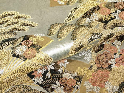 平和屋着物▼六通柄袋帯　扇面花松文　金銀糸　正絹　逸品　DABG0347az