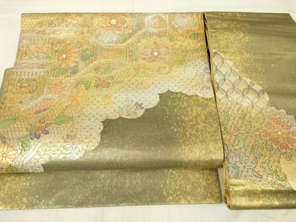 平和屋着物▼中国三大刺繍　スワトウ刺繍　汕頭刺繍　つけ帯　螺鈿　正倉院蜀江花鳥文　金銀彩　正絹　逸品　DABG0348az