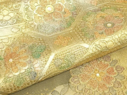 平和屋着物▼中国三大刺繍　スワトウ刺繍　汕頭刺繍　つけ帯　螺鈿　正倉院蜀江花鳥文　金銀彩　正絹　逸品　DABG0348az