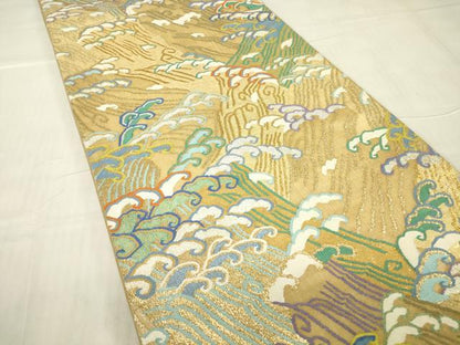 平和屋着物▽明綴れ　袋帯　スリーシーズン　春夏秋　立波文　金銀糸　正絹　逸品　DABG0363az
