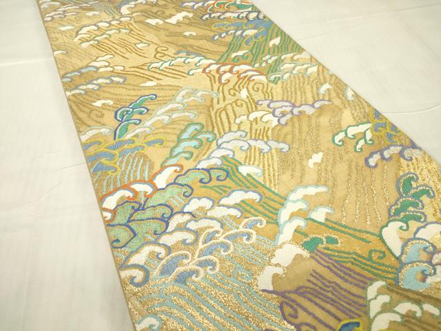 平和屋着物▽明綴れ　袋帯　スリーシーズン　春夏秋　立波文　金銀糸　正絹　逸品　DABG0363az