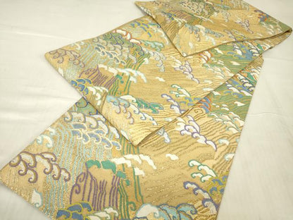 平和屋着物▽明綴れ　袋帯　スリーシーズン　春夏秋　立波文　金銀糸　正絹　逸品　DABG0363az