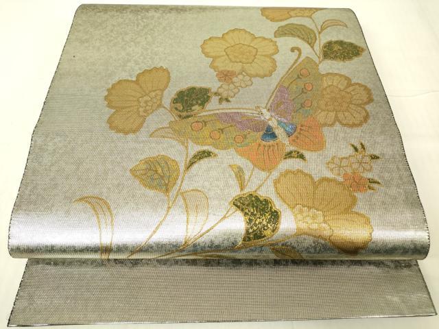 平和屋着物▼太鼓柄袋帯　螺鈿箔　舞蝶花文　金彩　引箔　三越扱い　正絹　逸品　DABG0388az