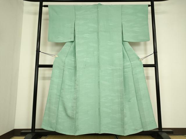 平和屋着物▽上質な色無地　単衣　雲霞地紋　錆青磁色　正絹　逸品　DABG0398az