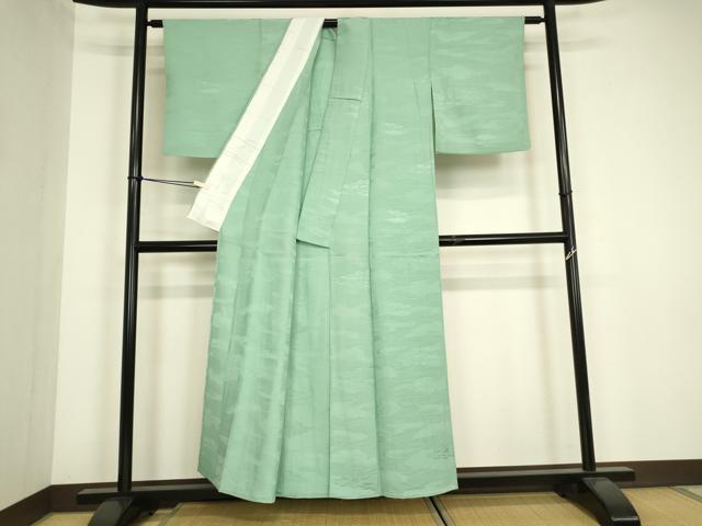 平和屋着物▽上質な色無地　単衣　雲霞地紋　錆青磁色　正絹　逸品　DABG0398az