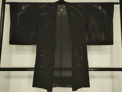 平和屋着物▽長羽織　スリーシーズン　春夏秋　塵除け　縦絽　黒地　正絹　逸品　DABG0412az