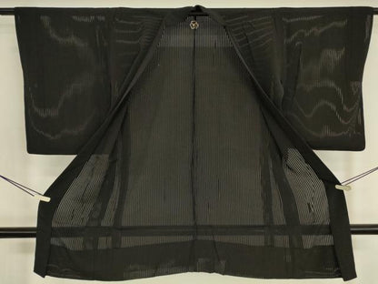 平和屋着物▽長羽織　スリーシーズン　春夏秋　塵除け　縦絽　黒地　正絹　逸品　DABG0412az