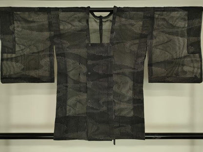 平和屋着物▽道行コート　スリーシーズン　春夏秋　塵除け　霞文　黒地　正絹　逸品　DABG0413az