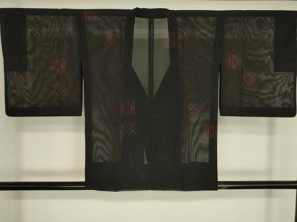 平和屋着物▽道行コート　スリーシーズン　春夏秋　塵除け　色紙花文　黒地　正絹　逸品　DABG0417az