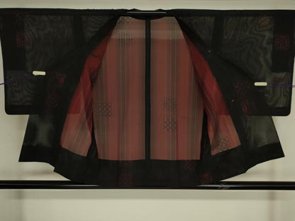 平和屋着物▽道行コート　スリーシーズン　春夏秋　塵除け　色紙花文　黒地　正絹　逸品　DABG0417az