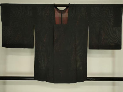 平和屋着物▽道行コート　スリーシーズン　春夏秋　塵除け　変わり縞　黒地　正絹　逸品　DABG0418az