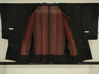 平和屋着物▽道行コート　スリーシーズン　春夏秋　塵除け　変わり縞　黒地　正絹　逸品　DABG0418az