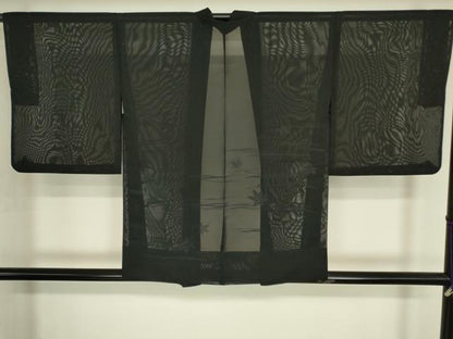 平和屋着物▽羽織　スリーシーズン　春夏秋　塵除け　霞楓文　黒地　正絹　逸品DABG0438az