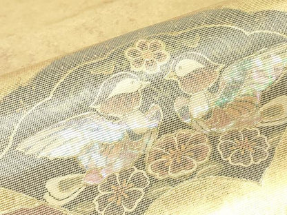 平和屋着物▼太鼓柄袋帯　螺鈿箔　花喰い鳥　金彩　引箔　正絹　逸品　DABG0459az
