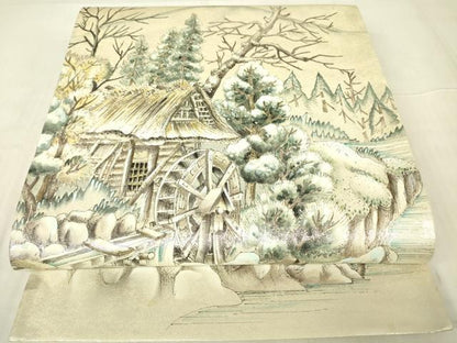 平和屋着物▼太鼓柄袋帯　作家物　手描き　水辺風景樹林文　引箔　正絹　逸品　DABG0485az