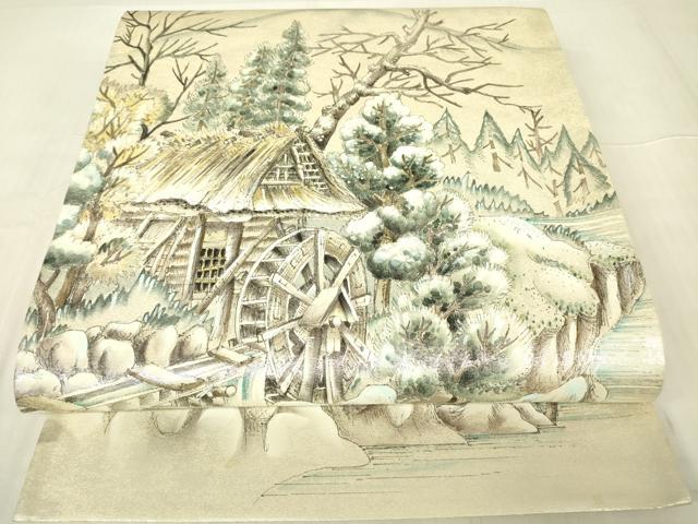 平和屋着物▼太鼓柄袋帯　作家物　手描き　水辺風景樹林文　引箔　正絹　逸品　DABG0485az