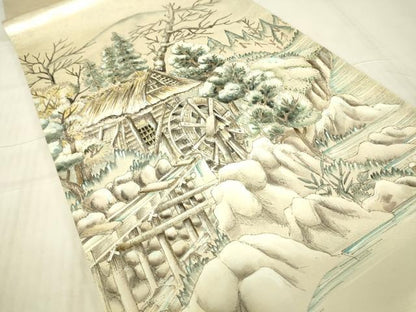 平和屋着物▼太鼓柄袋帯　作家物　手描き　水辺風景樹林文　引箔　正絹　逸品　DABG0485az