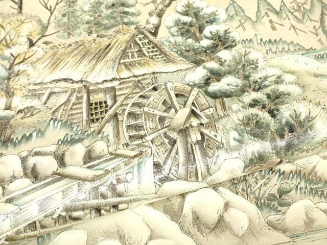 平和屋着物▼太鼓柄袋帯　作家物　手描き　水辺風景樹林文　引箔　正絹　逸品　DABG0485az