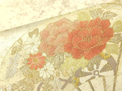 平和屋着物▼中国三大刺繍　相良刺繍　総刺繍　太鼓柄袋帯　扇面花文　金糸　引箔　正絹　逸品　DABG0500az
