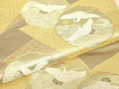 平和屋着物▼六通柄袋帯　裂取瑞鶴文　金糸　正絹　逸品　DABG0537az