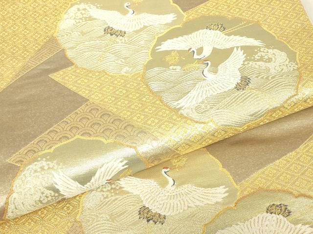 平和屋着物▼六通柄袋帯　裂取瑞鶴文　金糸　正絹　逸品　DABG0537az