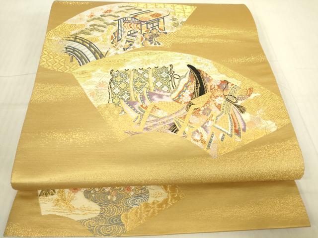 平和屋本店▼六通柄袋帯　王朝扇面文　淡金九百錦　正絹　逸品　DABG0555az