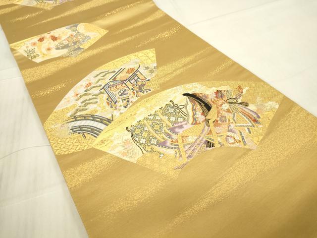 平和屋本店▼六通柄袋帯　王朝扇面文　淡金九百錦　正絹　逸品　DABG0555az