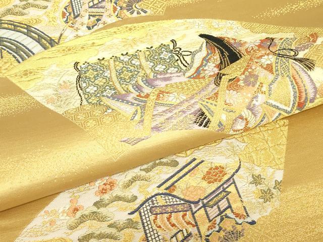 平和屋本店▼六通柄袋帯　王朝扇面文　淡金九百錦　正絹　逸品　DABG0555az