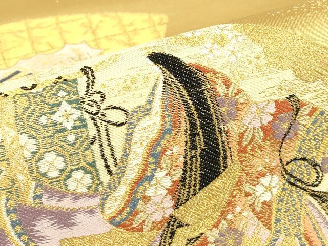 平和屋本店▼六通柄袋帯　王朝扇面文　淡金九百錦　正絹　逸品　DABG0555az