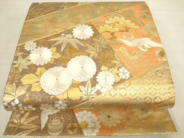 平和屋着物▼六通柄袋帯　駒刺繍　飛鶴宝尽くし花文　金銀彩　正絹　逸品　DABG0571az