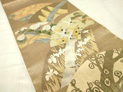 平和屋着物▽明綴れ　太鼓柄袋帯　スリーシーズン　春夏秋　地紙飛鶴花文　金糸　正絹　逸品　DABG0576az