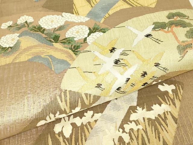 平和屋着物▽明綴れ　太鼓柄袋帯　スリーシーズン　春夏秋　地紙飛鶴花文　金糸　正絹　逸品　DABG0576az